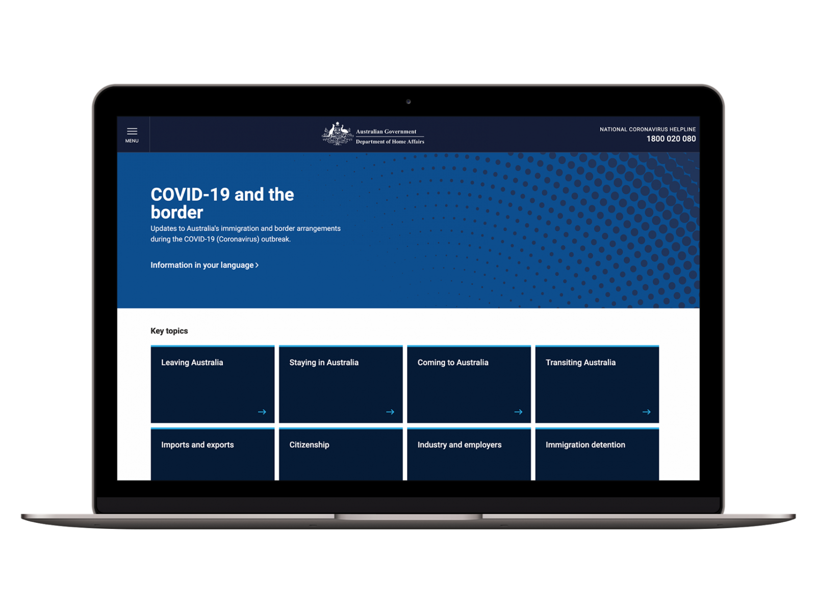 An example page from the Home Affairs COVID-19 Website on a desktop computer