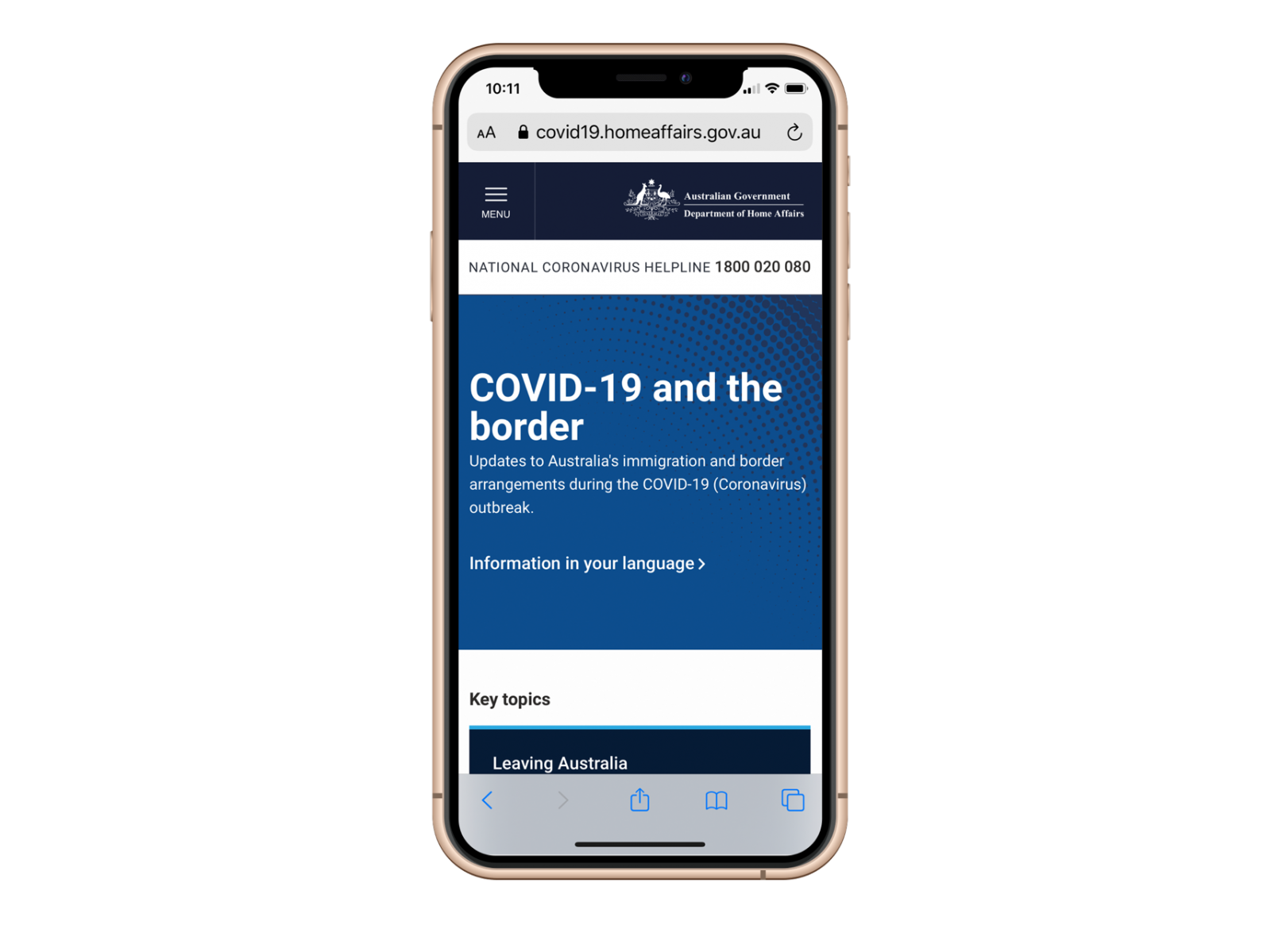 An example page from the Home Affairs COVID-19 website on a smart phone