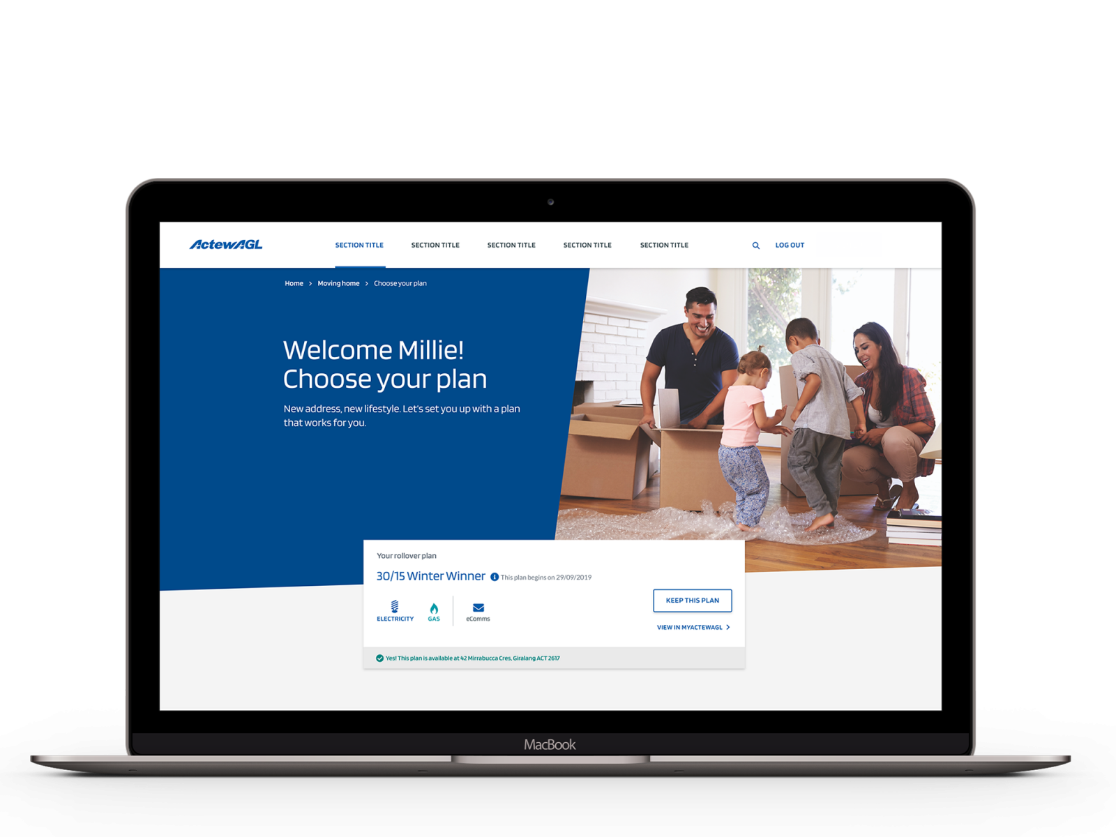A laptop screenshot of the ACTEW AGL client portal home page