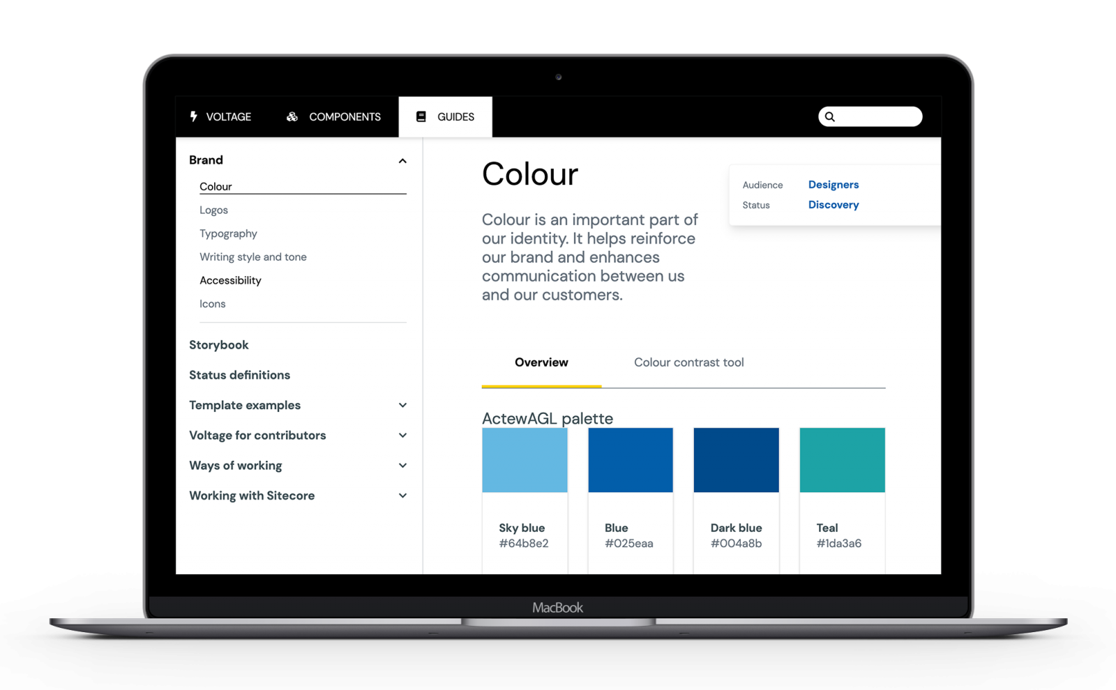 A laptop screenshot of the ACTEW AGL design system colours page
