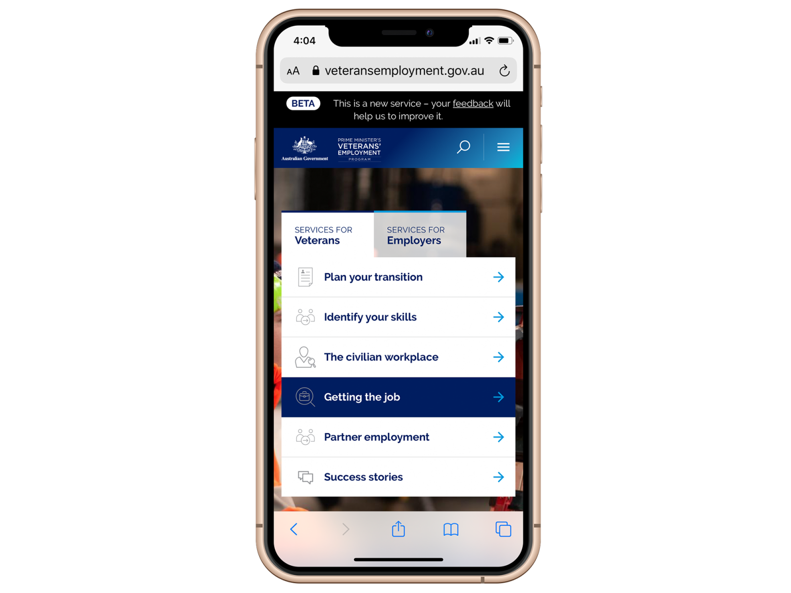 An iPhone screenshot of the DVA VET website