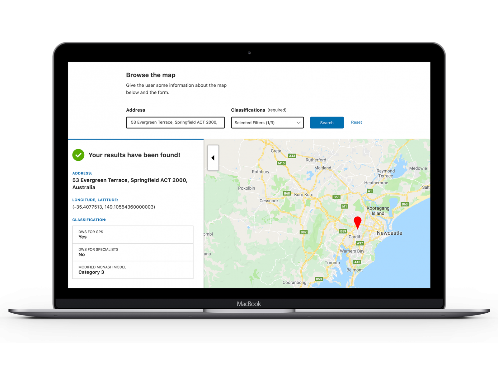 A laptop screenshot of a Department of Health website with map detail